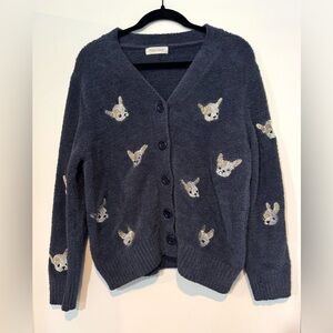 Pique House French Bulldog Fuzzy Cardigan Charcoal Gray Blue